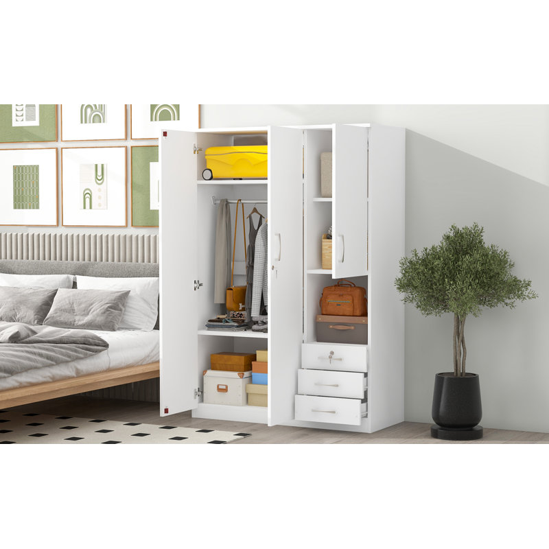 Armoire Charlie en bois avec tablettes, tringle et tiroirs, Blanc