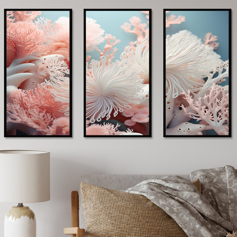Anemone Garden - Ensemble de décorations murales corail sous l'eau, Cadre flottant noir, H 28 po x l 36 po x P 1 po