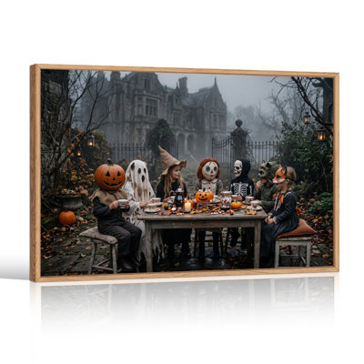Enfants costumés au thé du jardin du manoir hanté - Toile murale d'Halloween
