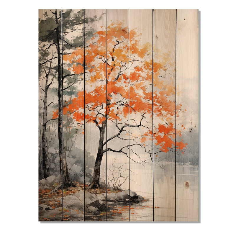 «Orange and Gray Forest Autumn Elegance I» sur impression sur bois, H 40 po x l 30 po x P 0,78 po