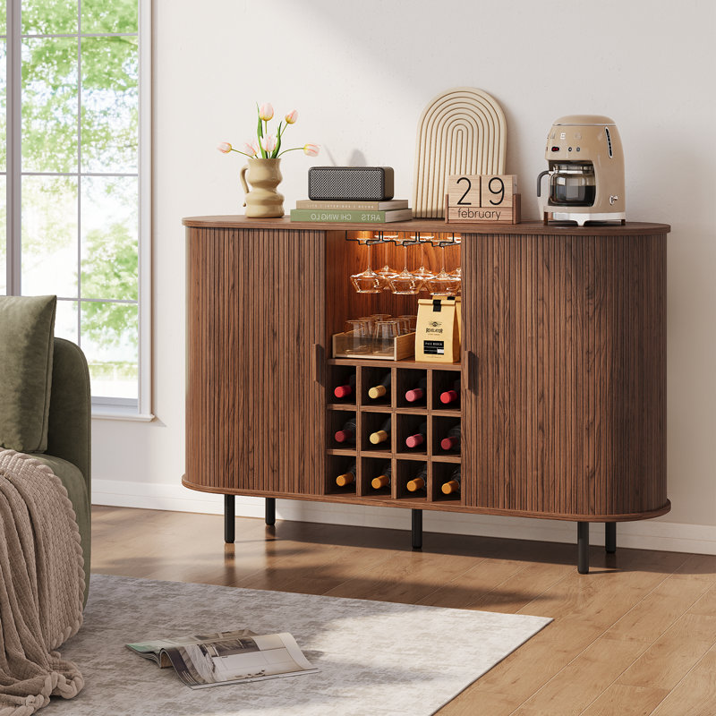 54.6'' Modern Bar Cabinet With Adjustable Shelves & RGB Lights, Wine Cabinet Sideboard Buffet With Wine Glass Holder & Wine Rack