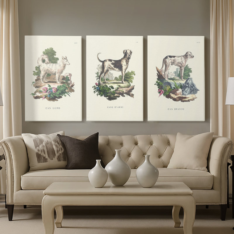 French Dogs VII - toile tendue avec châssis sur mesure - 3 pièces, H 12 po x l 24 po
