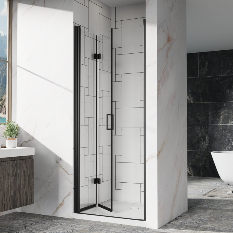 32"x 72" Pivot Shower Door, 1/4 Inch (6mm) Tempered Glass, Black Finish, Reversible Installation, 180° Rotating Pivot, Bi - Folding Hinges, Magnetic Seal Strips For Water Sealing 32" 33.2" Adjustable