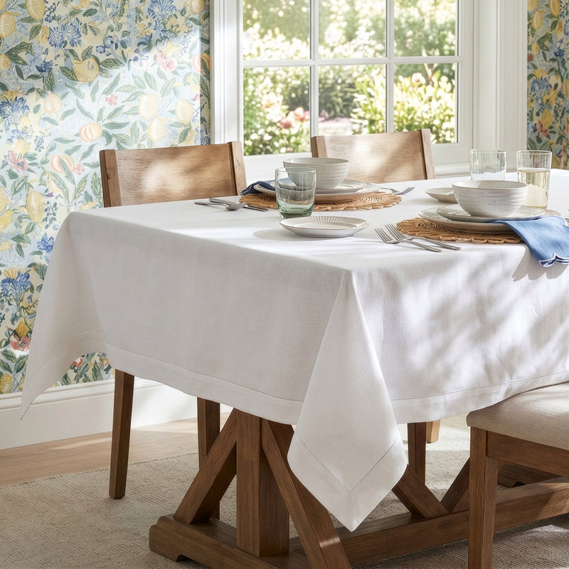 Gelder Hemstitched Tablecloth, White, 72" L x 72" W
