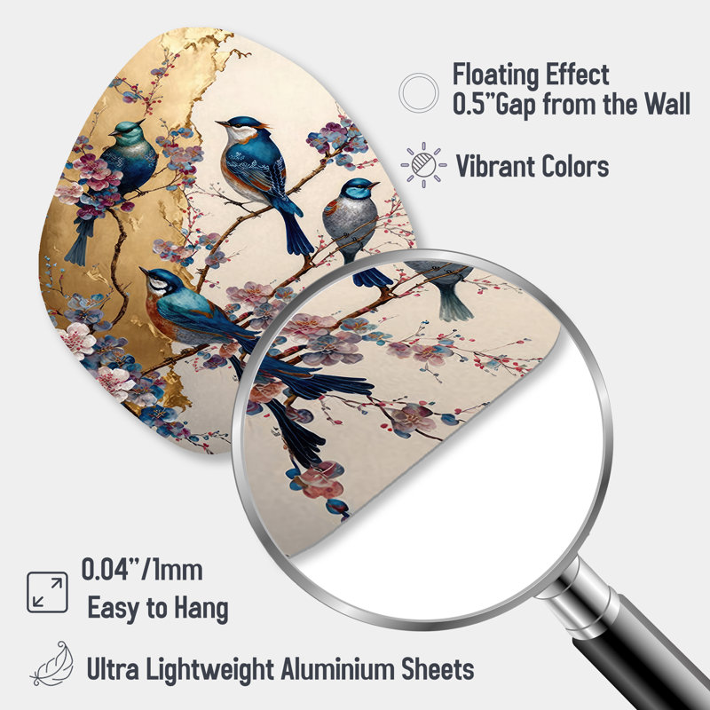 Décoration murale en métal multicolore oiseaux sur prunier II - forme nébuleuse d'oiseaux, H 28 po x l 25 po