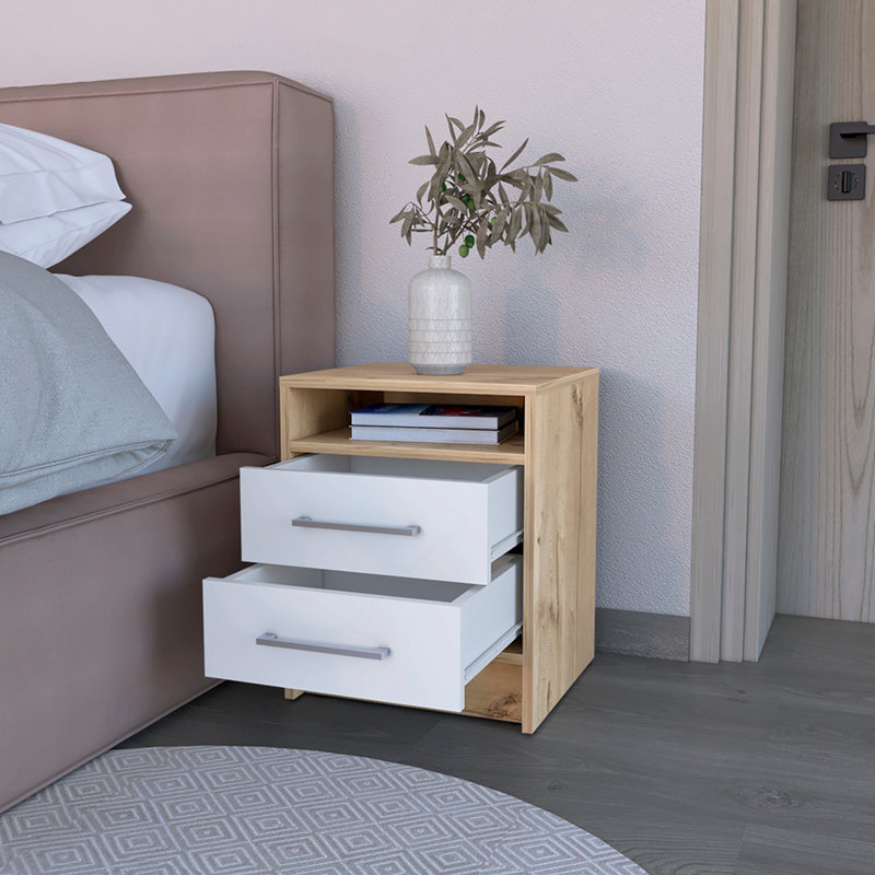Nightstand, Two Drawers, White / Light Oak Finish