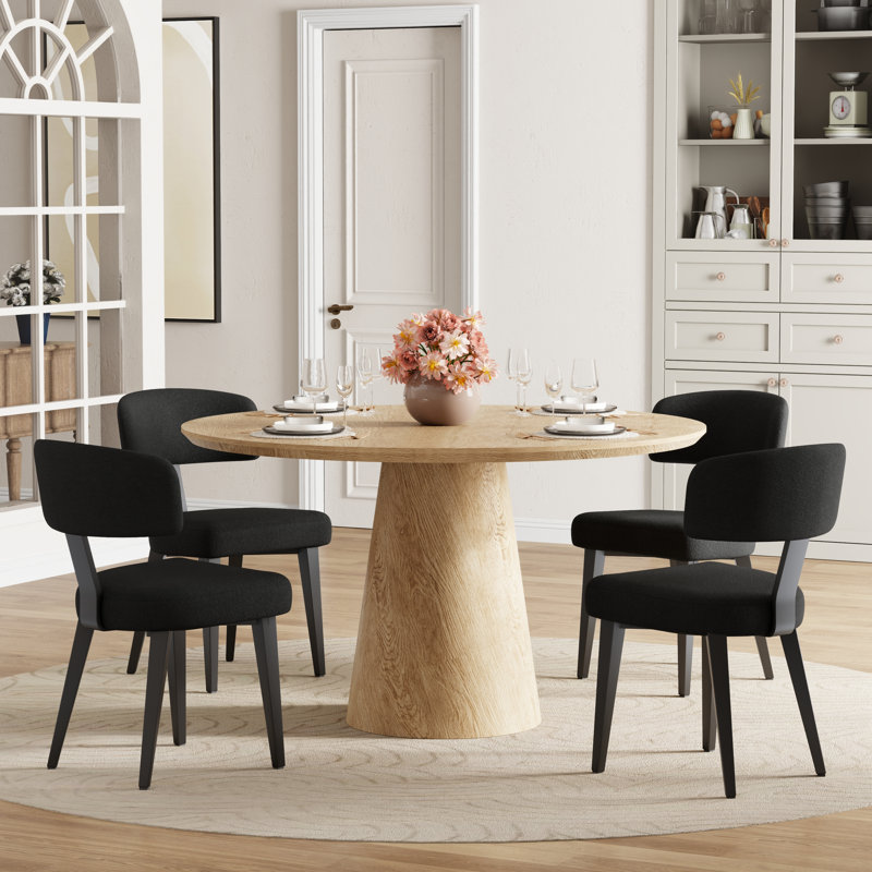 Ensemble de salle à manger rond 5 pièces avec table à pied centrale et chaises rembourrées, Beige, White