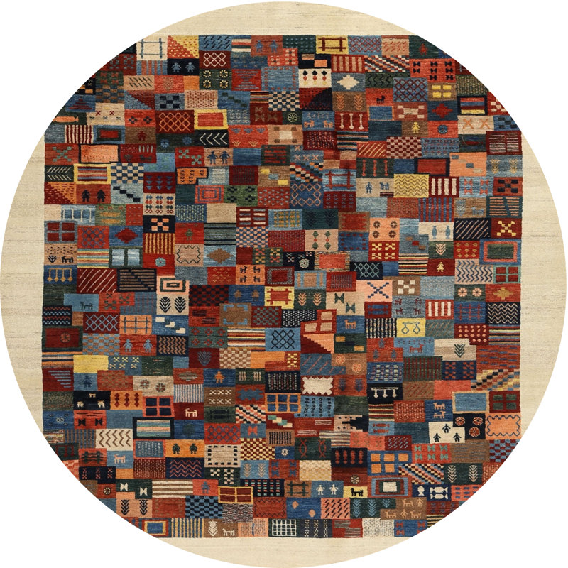 Tapis beige/noir/rouge contemporain, Rond 3 pi