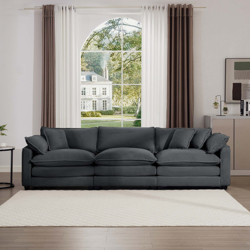 Canapé modulaire Mid-Century 3 places avec 2 accoudoirs et 3 coussins, Corduroy - Gray