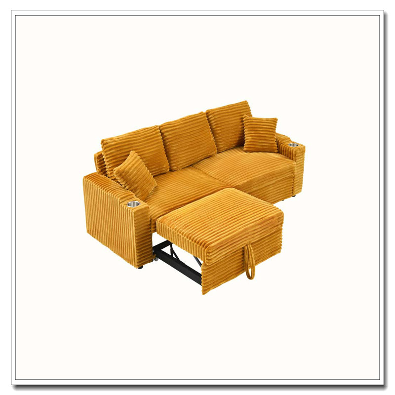 Canapé 80 po en velours côtelé pliable avec porte-gobelet et coussin, Orange