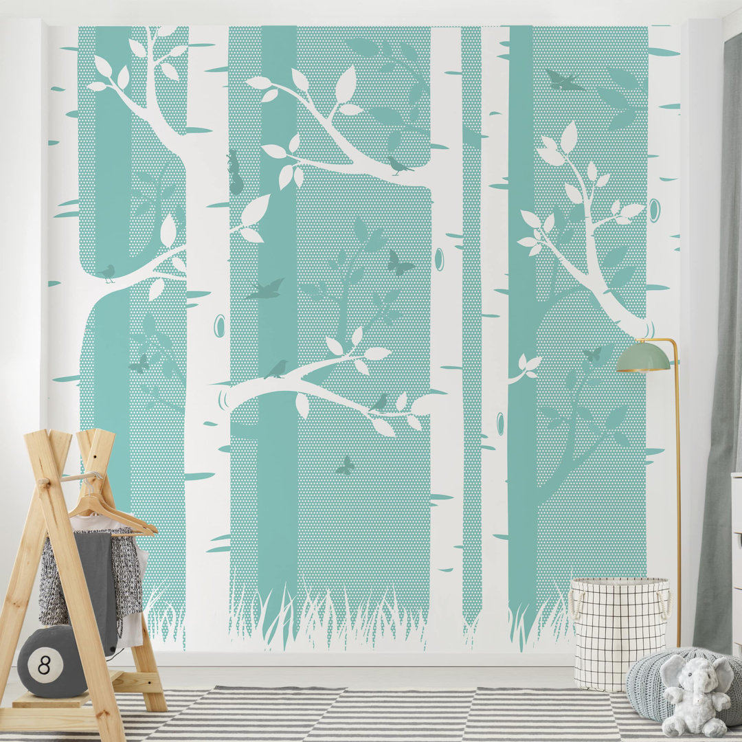 Green Birch Forest with Butterflies and Birds 1.92m x 1.92m Peel and Stick Textured Matte Wall Mural