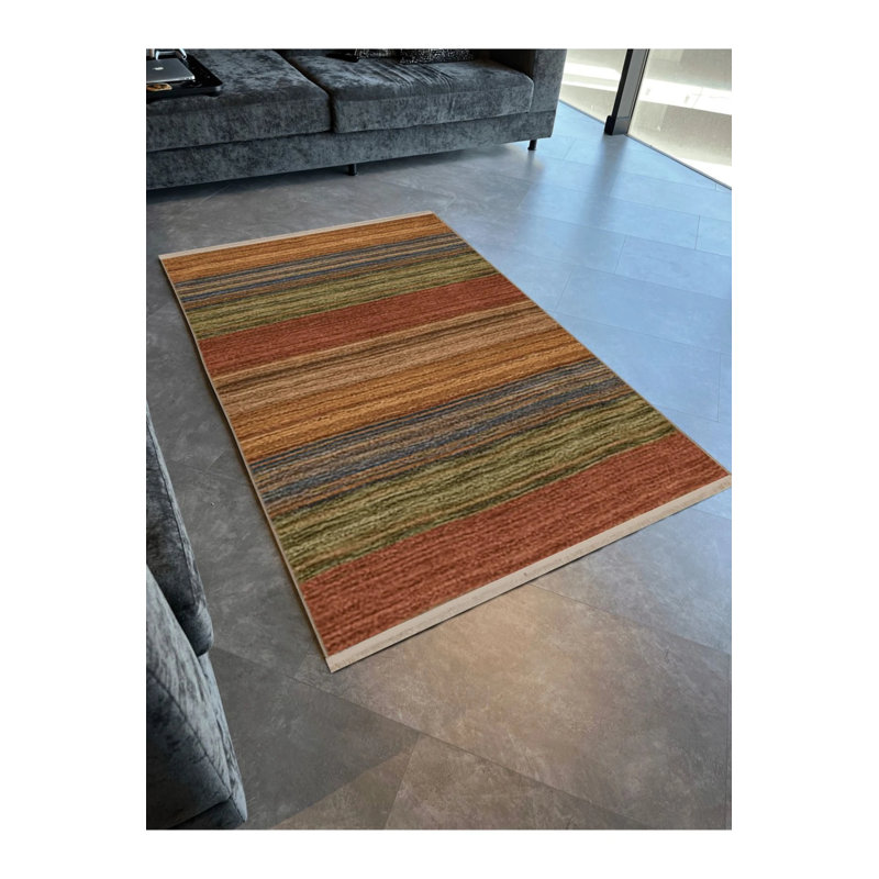 Multicolored Wicker Design Striped Patterned Fringed Modern Decorative Carpet, Rectangle 3'4" x 6'7"