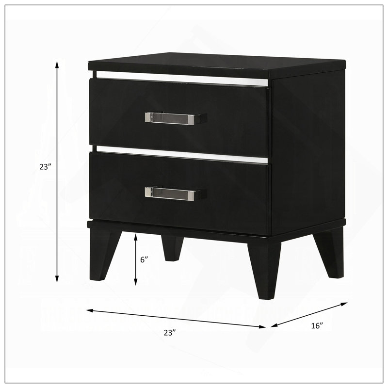Table de chevet contemporaine à 2 tiroirs au fini noir brillant, parfaite pour les chambres modernes et les solutions de rangement efficaces.
