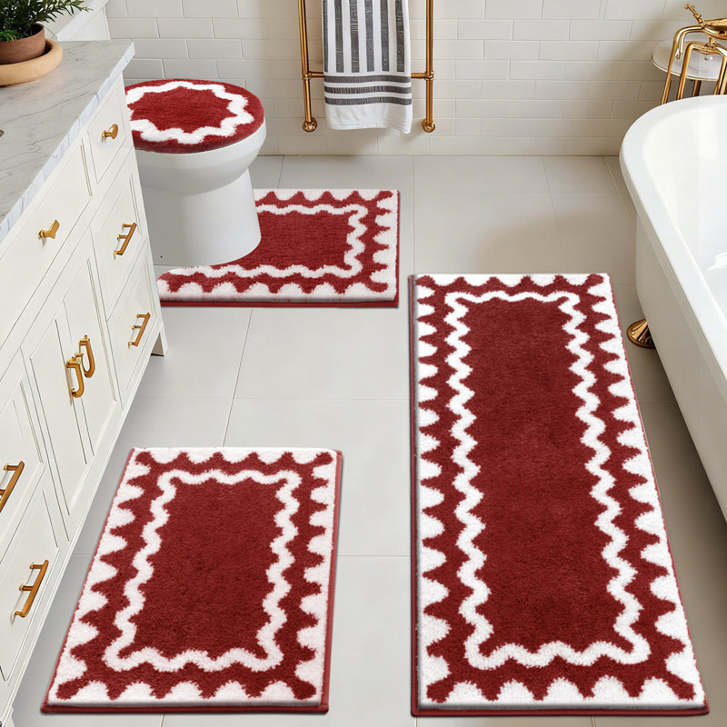 Absorbent Non-Slip Washable Bath Mat Bathroom Rug(Set of 4), Beige Geometric