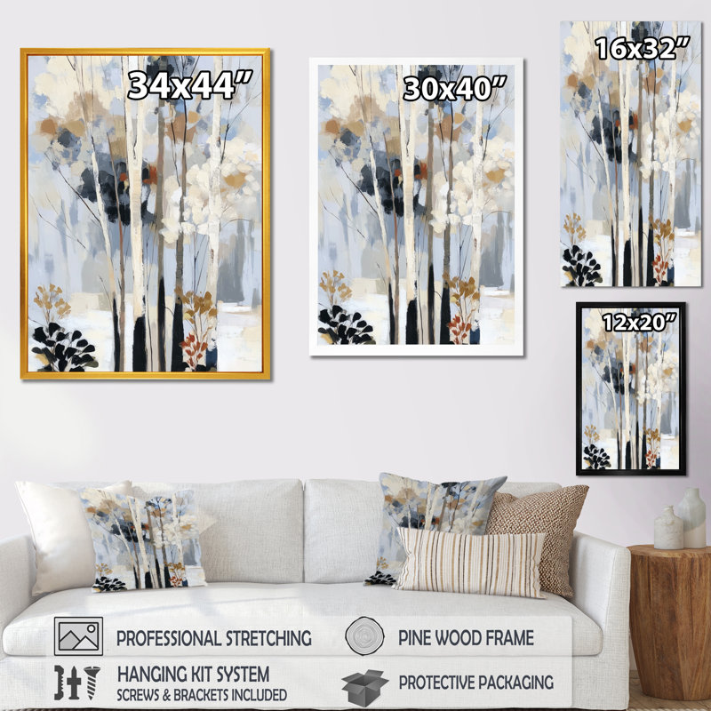 «White and Black Birch Trees Forest Panorama - Birch Wall Decor, White Nature», art mural encadré, H 32 po x l 24 po, Doré