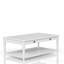 Table basse à finition blanche avec deux tiroirs et roulettes de rangement