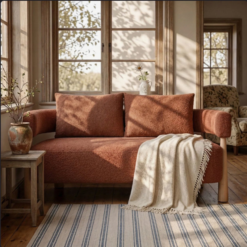 Causeuse moderne arrondie, tissu texturé ocre, Ocre