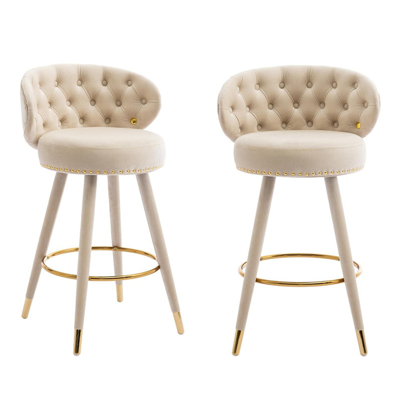 Tabourets de bar rembourrés à hauteur de comptoir avec dossier capitonné, Beige