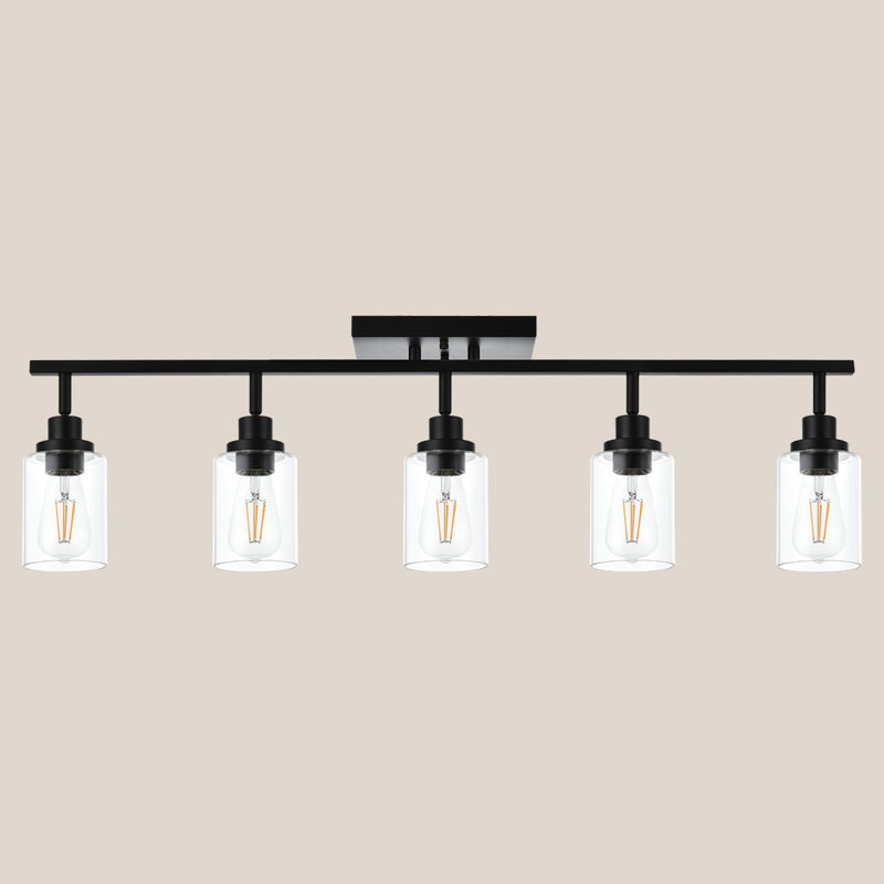 Luminaire sur pied 5 lumières pour meuble-lavabo, plafonnier, luminaire sur rail à têtes ajustables, luminaire sur rail avec abat-jour en verre transparent, luminaire sur rail noir moderne pour la cuisine, le salon et le couloir (ampoules non incluses)