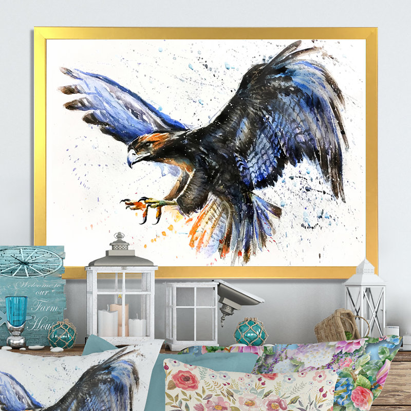 Art mural sur toile aigle, reproduction d'oiseau de proie - chasseur d'aigle, Cadre doré, H 24 po x l 36 po x P 1 po