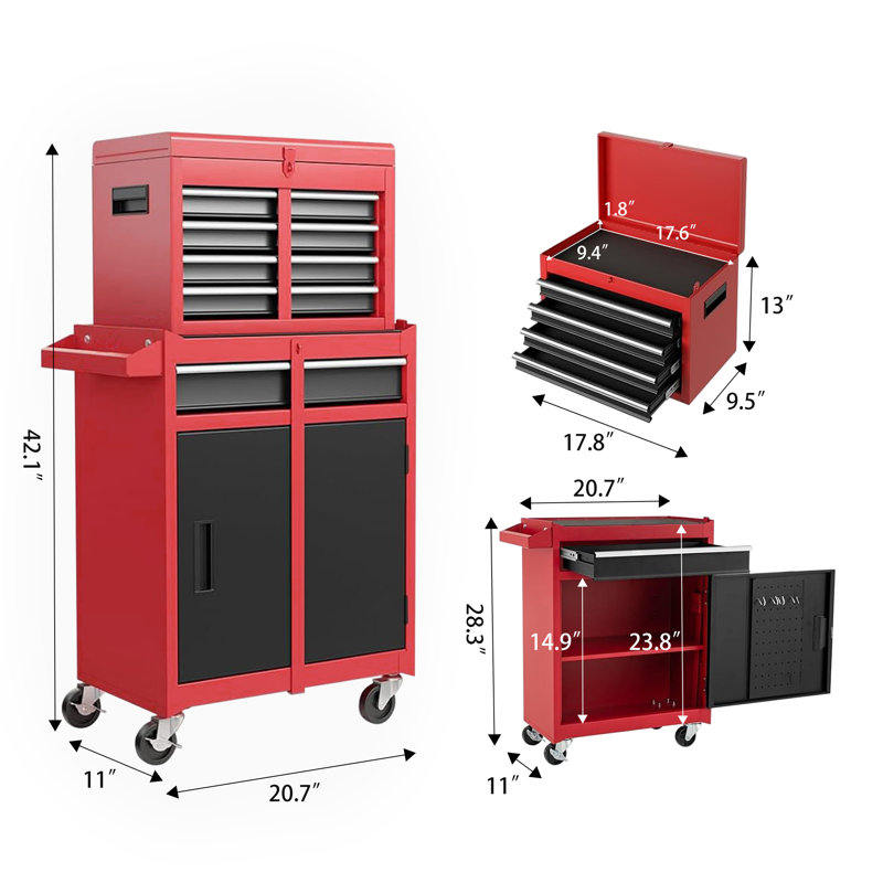 Coffre à outils roulant à 5 tiroirs, coffre à outils supérieur amovible, armoire de rangement en métal avec roues verrouillables, tablette réglable, doublure et système de verrouillage Eva, chariot à outils mobile pour atelier de garage