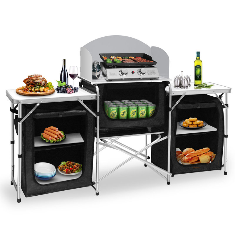Aluminum Portable Camping Kitchen Table with Windscreen and Storage
