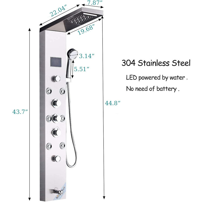 Système de tour de douche moderne avec système de tour à 6 fonctions en acier inoxydable, pomme de douche à pluie à jets de pluie + douchette à main + jets de massage à pluie + bec de baignoire, nickel brossé
