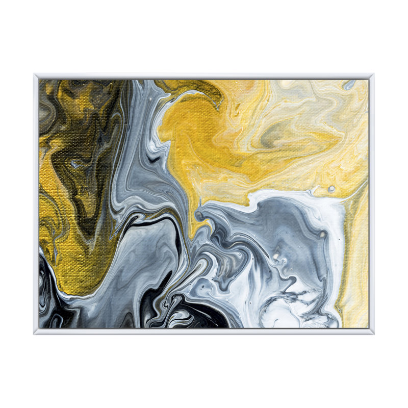 Noir noir, blanc et marbre abstrait II - peinture sur toile, H 34 po x l 44 po, Cadre flottant blanc