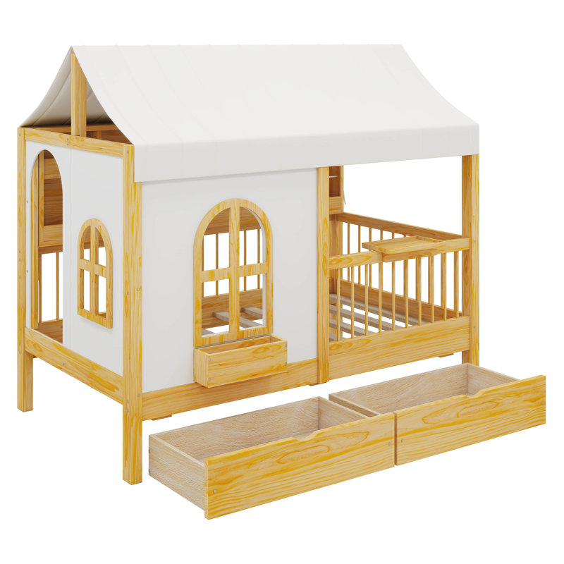 Lit House avec 2 grands tiroirs, bibliothèque latérale, tente, fenêtre, bande à DEL, lit Montessori en bois avec garde-corps