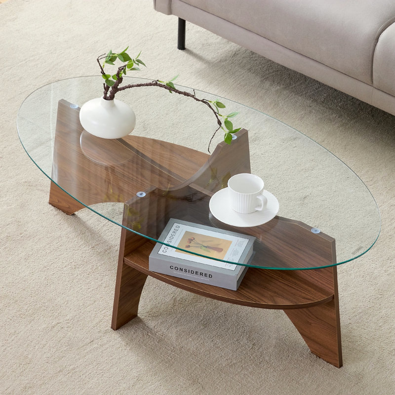 Table basse ovale en verre trempé, Noyer