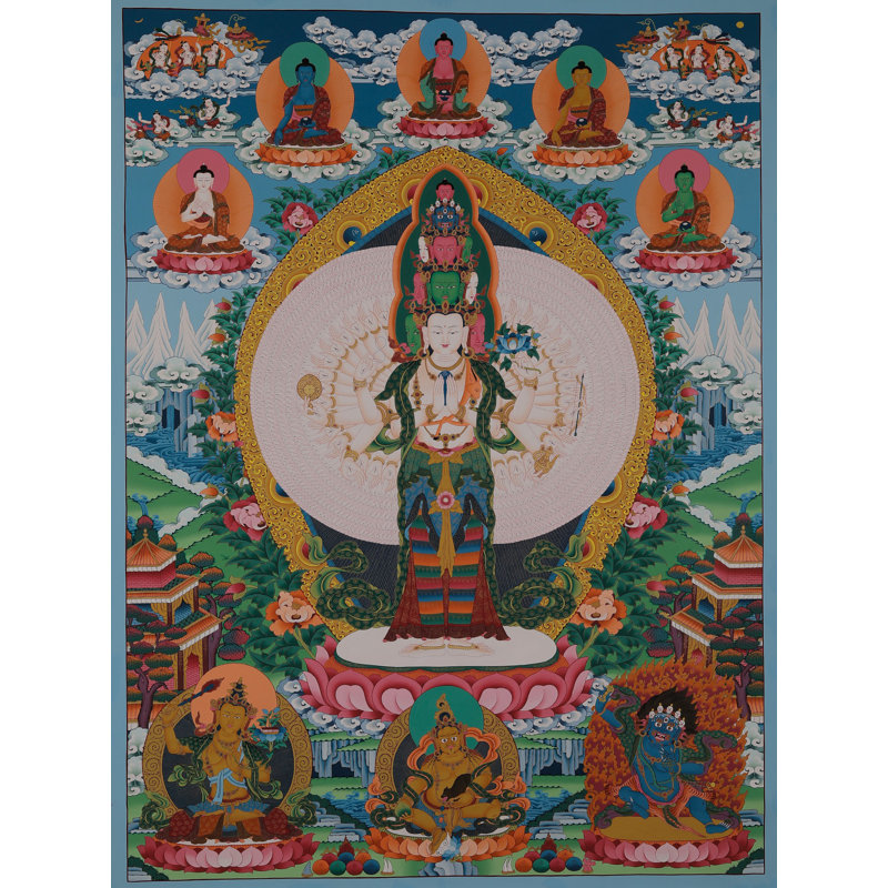 Amoghapasha Lokeshvara - Divinité bouddhiste tibétaine | Or pur 24 carats avec peinture acrylique