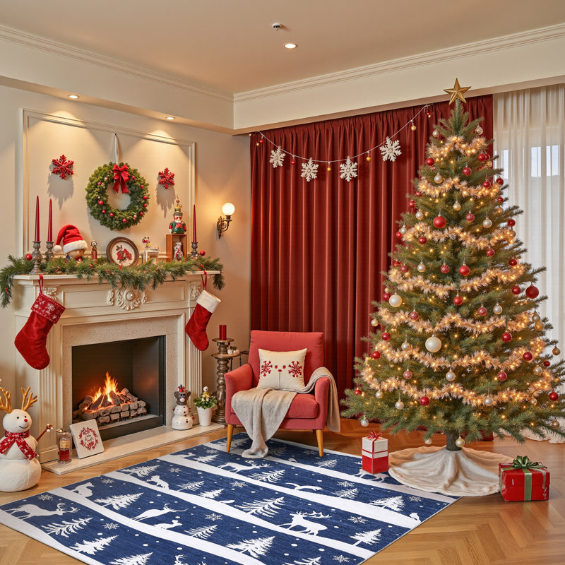 Christmas Non-Slip Area Rug for Living Room – Low Pile Washable Mat with Xmas Tree, Reindeer & Snowflake – Soft Holiday Home Decor for Bedroom, Dining Room