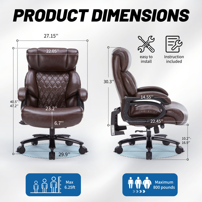 800LBS Large Heavy Duty Office Chair With Massage Footrest, Big And Tall Office Chair With Adjustable Lumbar Support, PU Leather Executive Chair With Extra Wide Seat