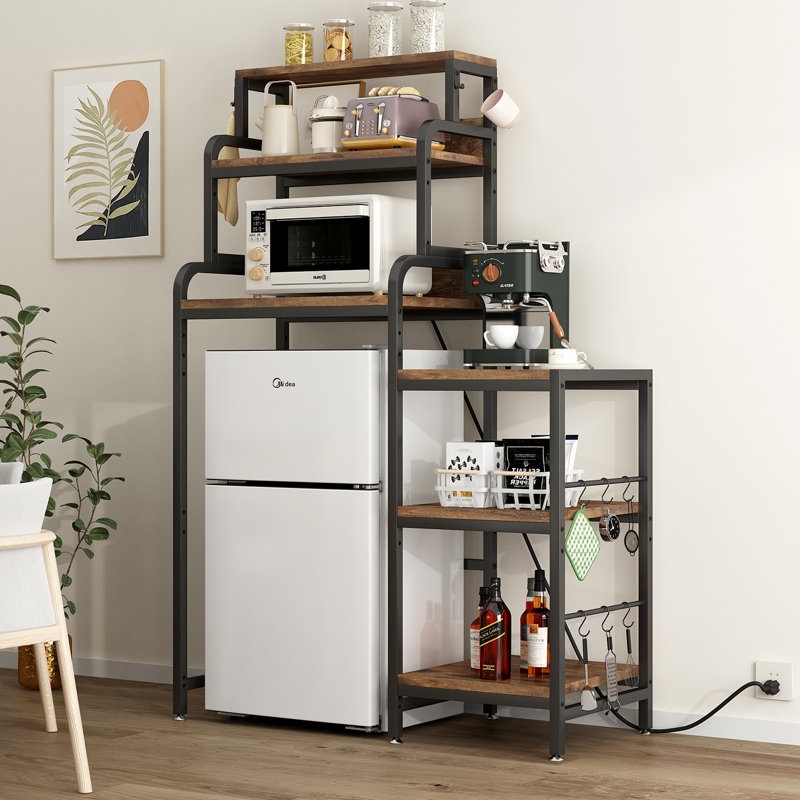 Étagère de boulanger à 7 niveaux avec prises de courant - support à micro-ondes multifonctionnel et station de café, mini tablette de rangement pour réfrigérateur, dortoir, salon - brun noyer