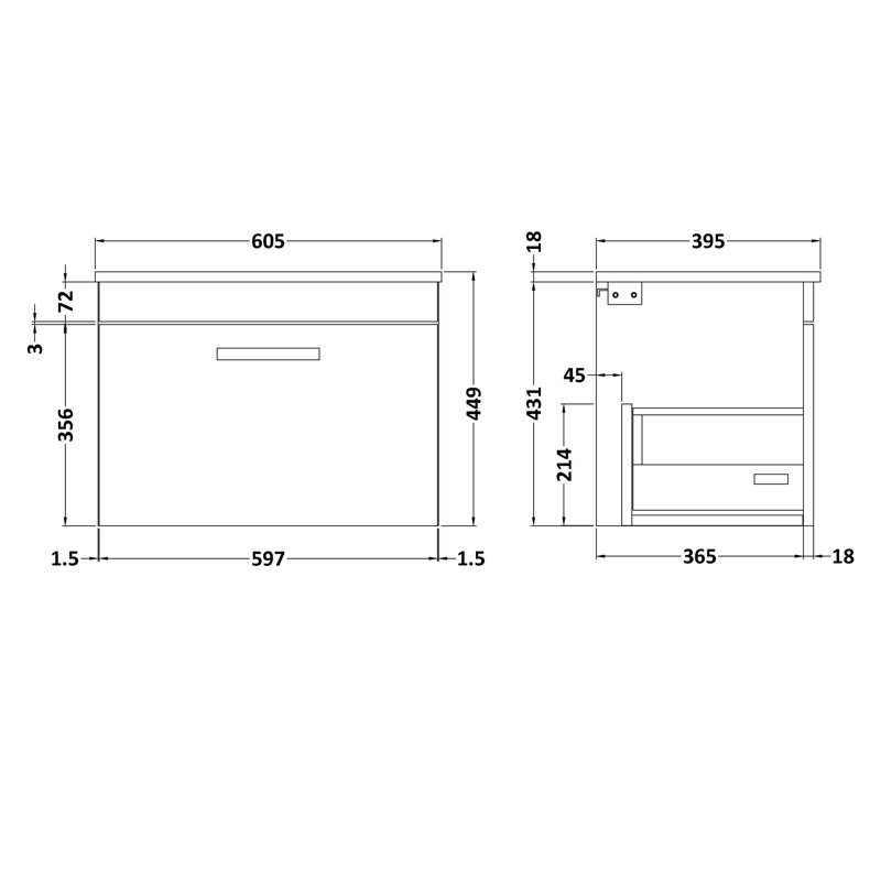 Athena 605mm Single Bathroom Vanity with Integrated Ceramic Basin, Gloss Gray