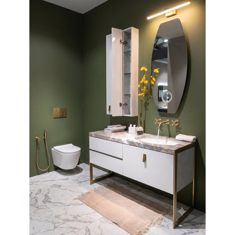 Bisoni White Matte Modern vanity with brushed gold metal framed completed set with mirror and cabinet 55"