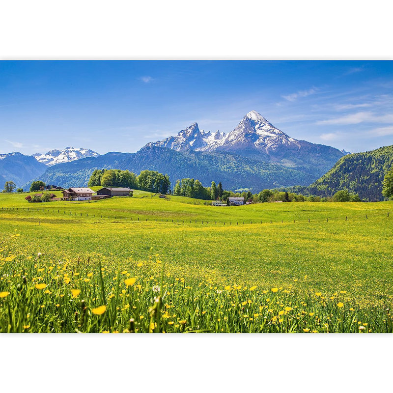 Adhésif mural paysage vert pré et fleurs, L 66 po x l 96 po