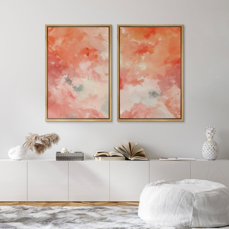 Coups de peinture abstraits, orange et rose vifs, peinture moderne encadrée, Encadré naturel, H 24 po x l 32 po