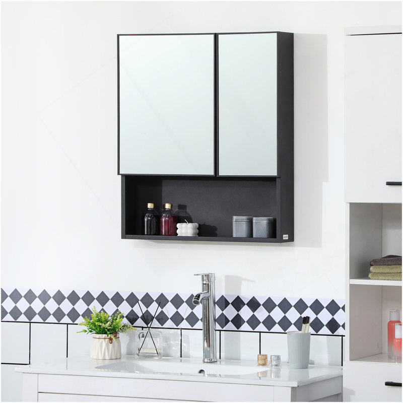 Armoire à pharmacie murale Kleankin, miroir de salle de bain avec portes doubles et tablettes de rangement, noir