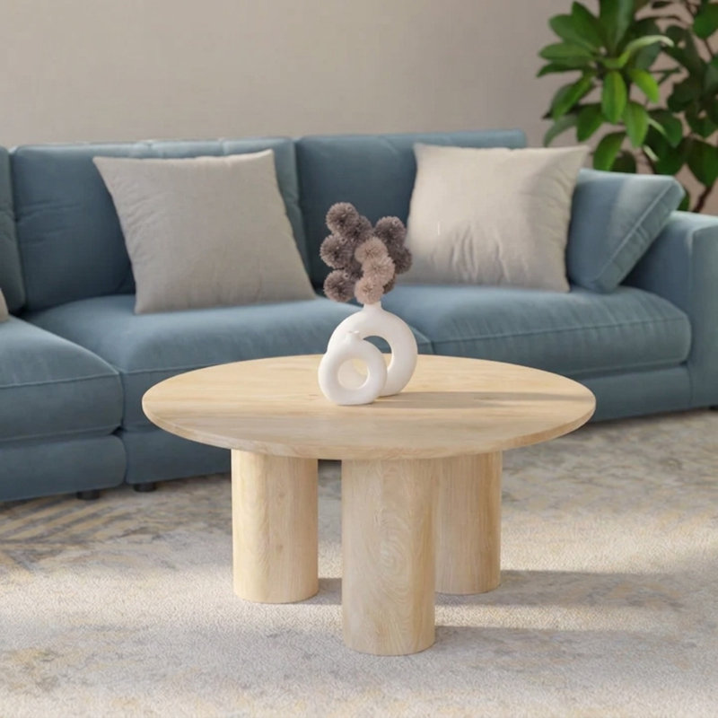 Table basse ronde moderne en bois massif de 36 pouces - finition naturelle, table basse en bois pour le salon, assemblage facile