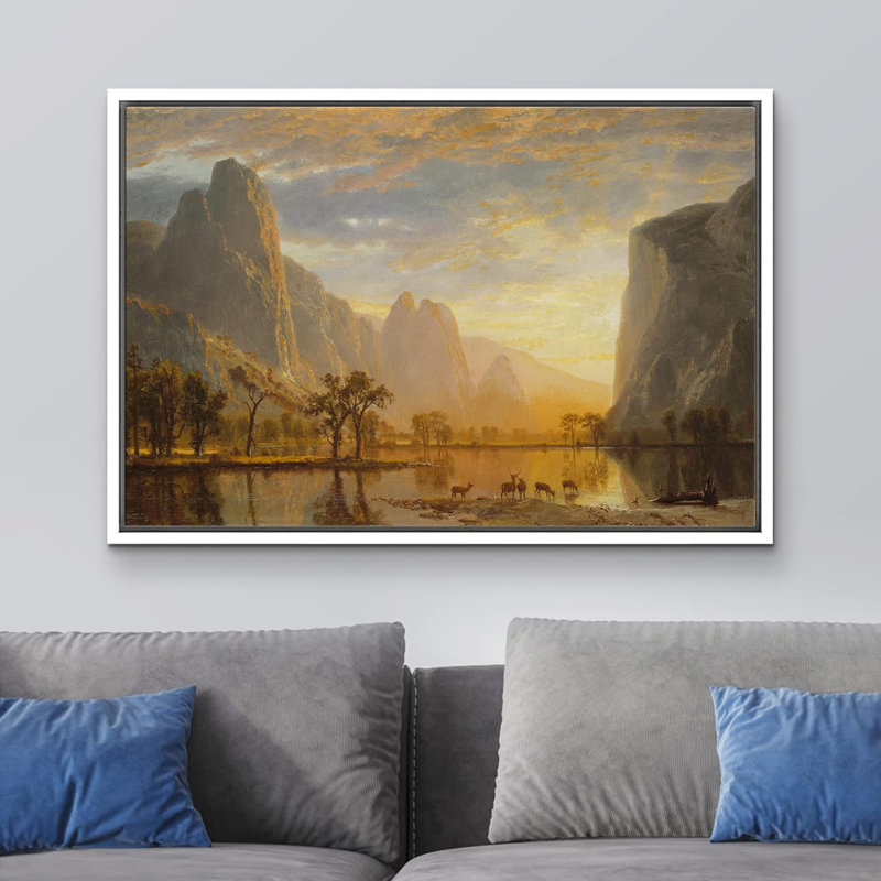 Rustic Countryside " Golden Hour Over Mountain Landscape Deer ", 24" H x 36" W x 1.5" D, White Frame