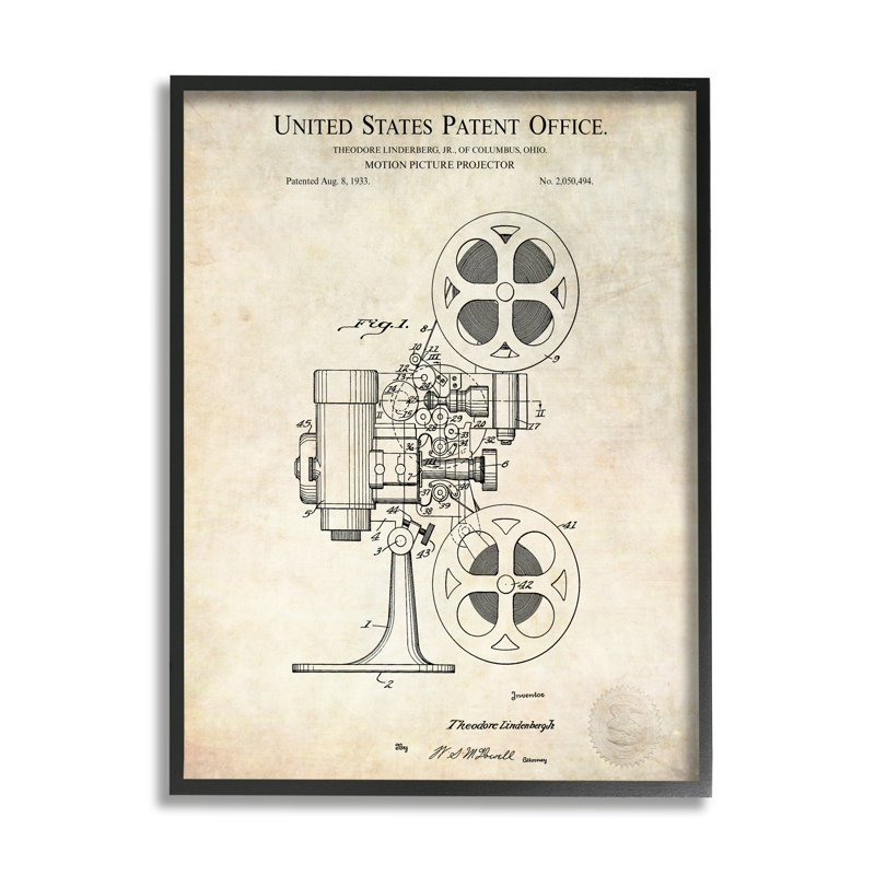 Schéma de conception de brevet de projecteur de film cinématographique, L 16 po x H 16 po, Giclée encadrée noir minuit