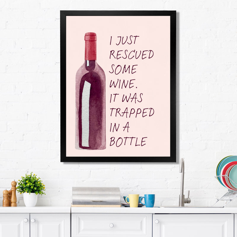«I Just Rescued Some Wine» - Art mural de salon, cocktails, Toile encadrée noire simple, H 20 po x l 12 po x P 1 po