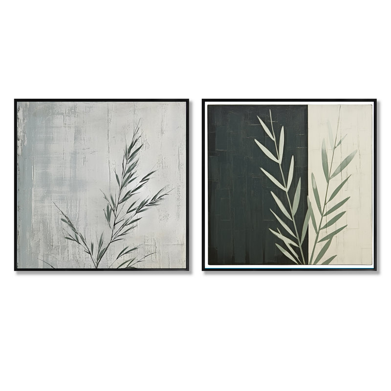 Feuilles grises et étain pin - ensemble de 2 feuilles carrées, Cadre flottant noir, H 30 po x l 61 po