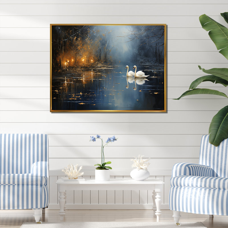 Blanc cygne harmonie clair de lune étang IV - cygnes animaux, art mural, Cadre flottant doré, H 16 po x l 32 po x P 1 po