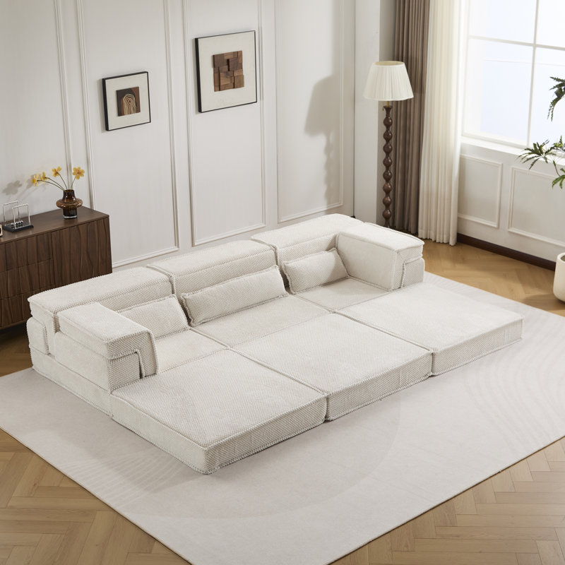 Canapé à compression Mahjong, canapé-lit convertible au sol, canapé modulaire modulaire désossé DIY, aucun assemblage requis, tissu polaire circulaire, surdimensionné à 3 places avec 3 coussins, blanc