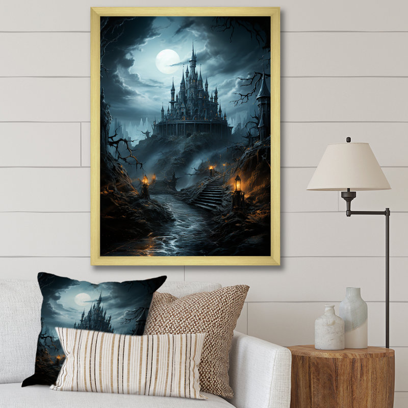 «Haunted Castle At Nightfall II - Châteaux», art mural, H 20 po x l 12 po x P 1 po, Cadre doré simple