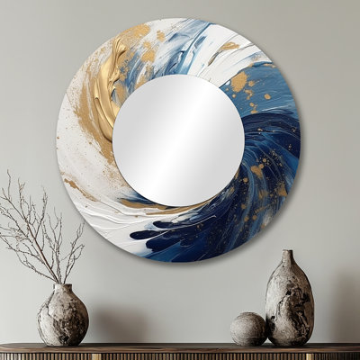Dark Blue and Gold Spiral IV - Abstract Spirals Large Mirror, Blue Round Unique Wall Mirror Decor, Printed Metal Art