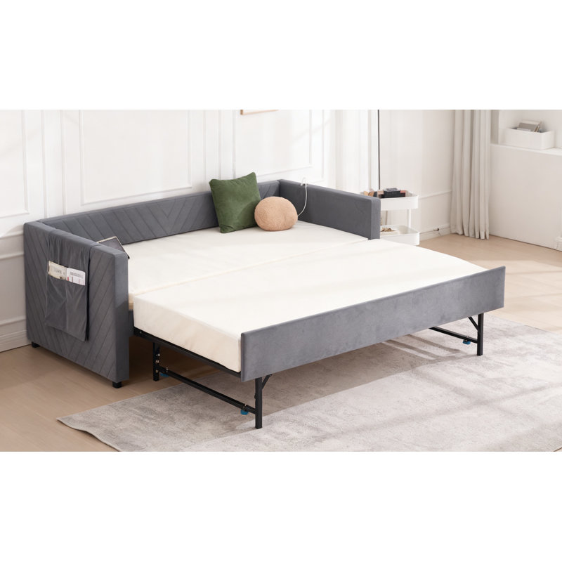 Twin Size Upholstered Daybed With Trundle,usb Port ,side Pockets, Modern V-grained Backrest Design,no Box Spring Needed, For Bedroom, Guest Room ( Beige, Twin)