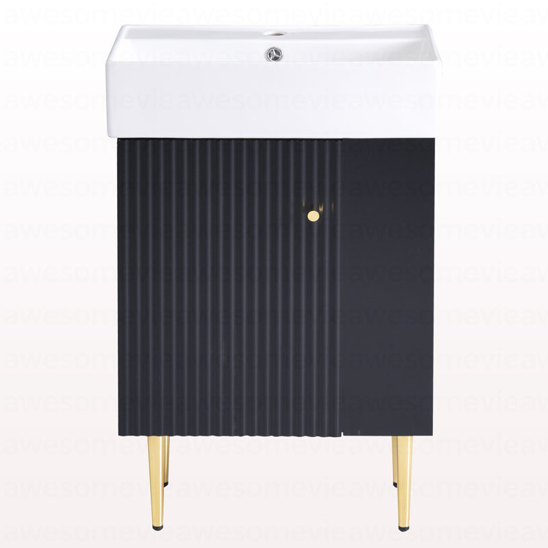 Meuble-lavabo noir 21,6 po, armoire combinée, meuble de rangement pour salle de bain, lavabo simple en céramique, rangement à droite